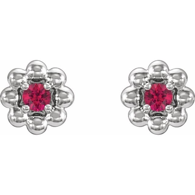 platinum-natural-ruby-petite-flower-beaded-earrings
