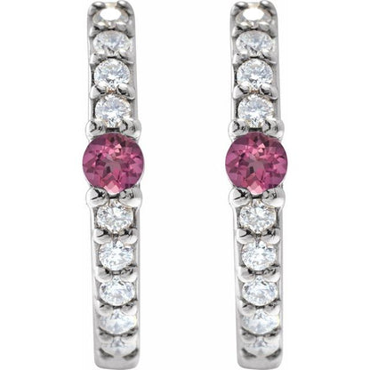 14k-white-gold-natural-pink-tourmaline-&-1/8-ctw-natural-diamond--hoop-earring
