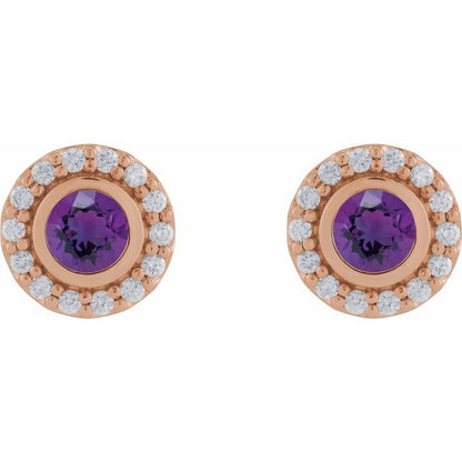 14k-rose-gold-natural-amethyst-&-1/5-ctw-natural-diamond-halo-style-stud-earrings