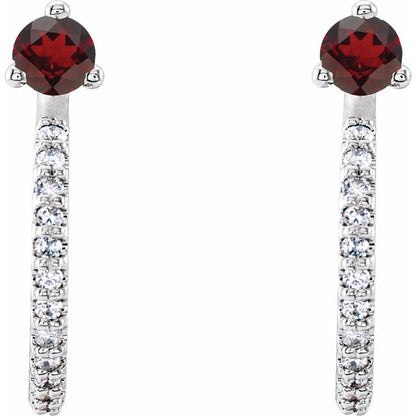 14k-white-gold-natural-mozambique-garnet-&-1/8-ctw-natural-diamond-j-hoop-earrings