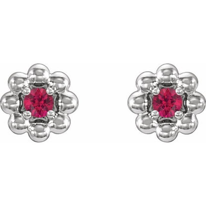 platinum-natural-ruby-petite-flower-beaded-earrings