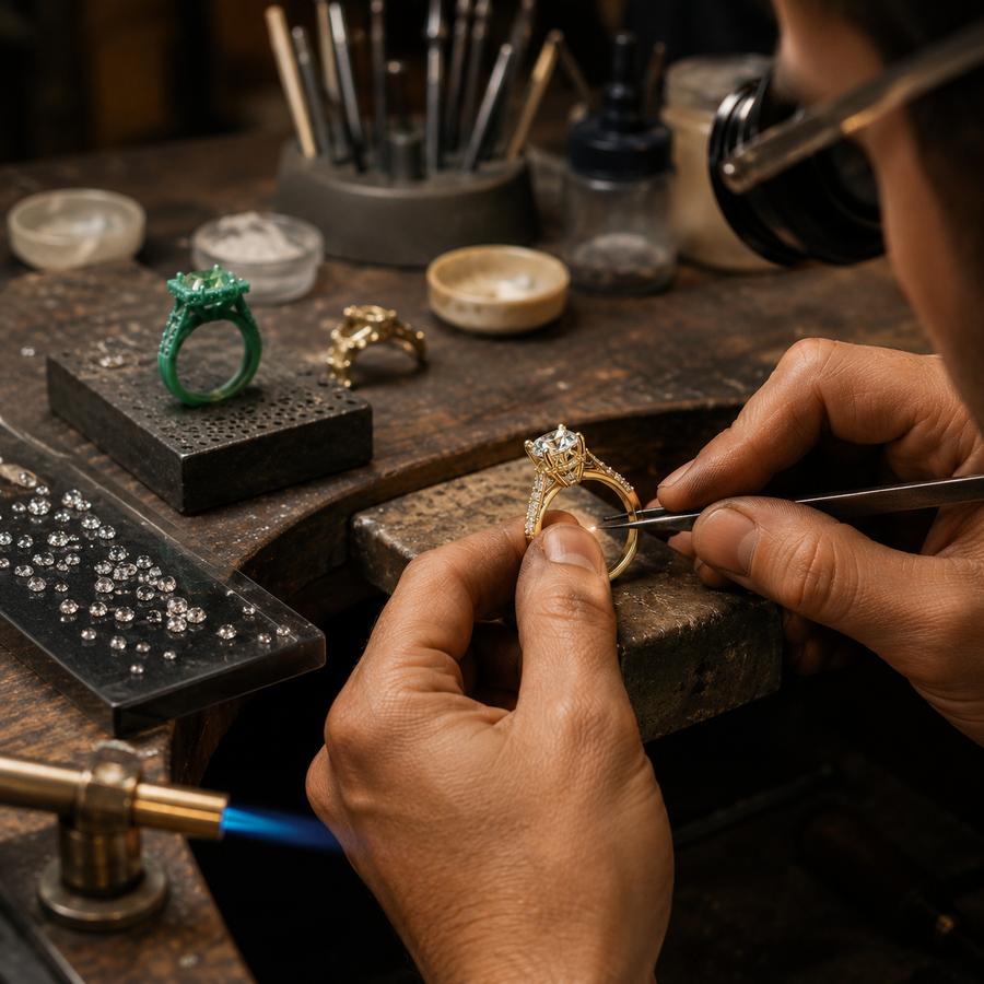 Your approved design is expertly cast, hand-set with stones, and meticulously polished to achieve a flawless finish. Please allow us 4-6 weeks for the production.